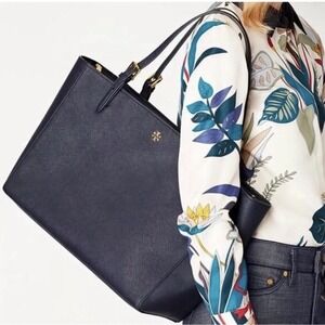 Tory Burch York Buckle Large Saffiano Leather Tote Navy Blue Laptop Work Bag